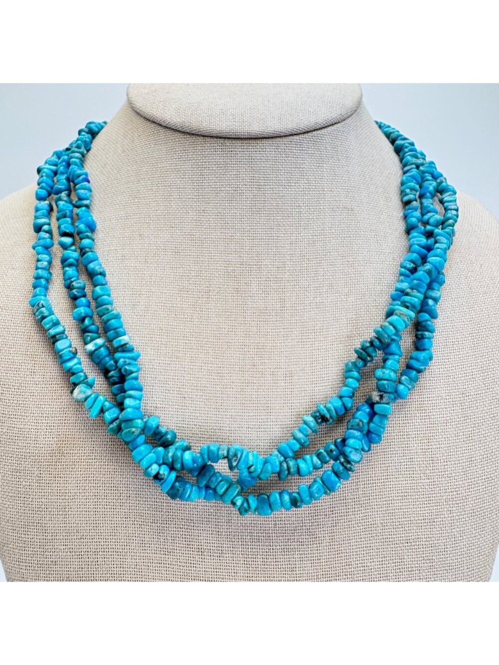 Turquoise & Sterling Silver 925 Triple Strand Necklace Toggle Clasp 20" Length